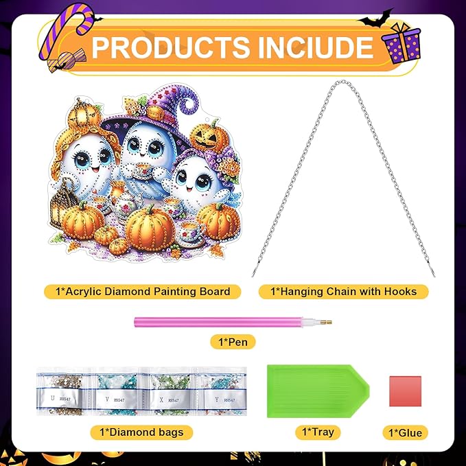 MUNORIAY Diamond Art Hanging Kit for Adult,Special Shaped Rhinestone,5D DIY Acrylic Double Sided Diamond Art Painting Window Pendants,Home Garden Wall Decor Hanging Ornament (Halloween Ghost)