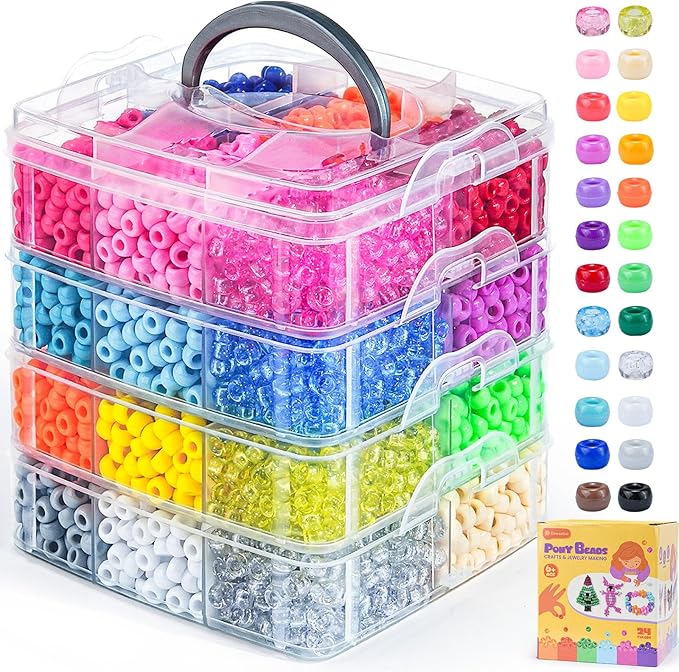 4800PCS Pony Beads Bulk, 24 Colors Kandi Beads 6x9mm Large Hole for Friendship Bracelets, Jewelry Making, Hair Braiding, DIY Art Craft - Shockproof Protective Gift Packaging