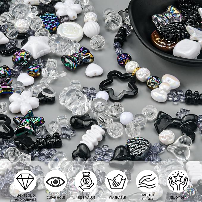 ABONDEVER 245-300Pcs Assorted Acrylic Beads for Bracelets Making Cute Star Bow Flower Candy Heart Gummy Bear Butterfly Beads for DIY Jewelry Crafts Keychain Necklace Phone Charms(Black)