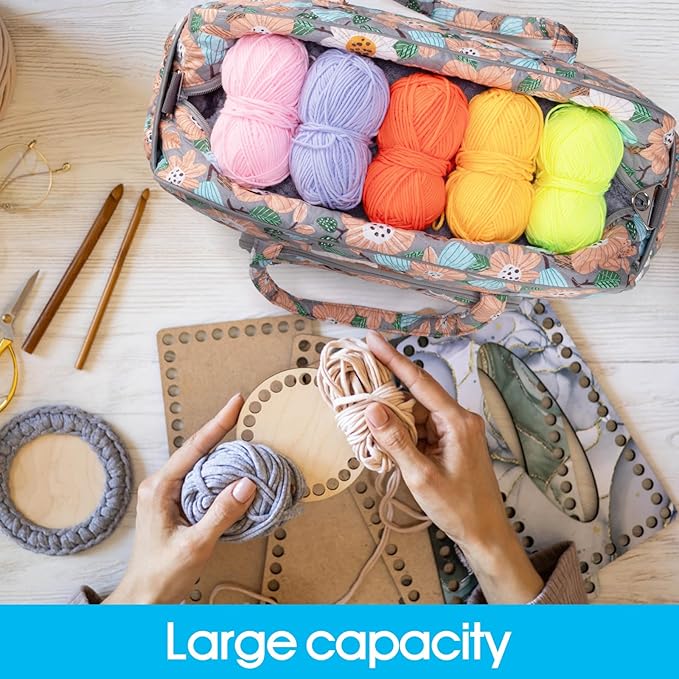 Yarn Storage Organizer, Knitting Crossbody Bag, Large Crochet Tote Bag Yarn Holder Case for Carrying Projects, Knitting Needles, Crochet Hooks and Other Accessories (Flower-Grey)