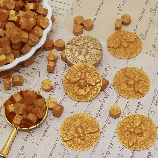 250pcs Wax Seal Beads Royal Gold, Andotopee Premium Sealing Wax Beads for Stamp Seals, Octagon Metallic Seal Stamp Pellets Refill Pack for Wedding Invitation, Letter Envelope, Scrapbook DIY Crafts