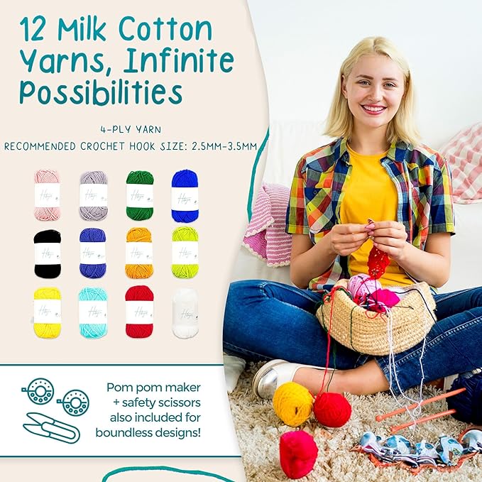 Hikiyose Crochet Kit for Beginners Adults - Crochet Accessories with 12 Soft Crochet Yarn Set, 9 Hooks, Storage Bag, Blue Whale Video Tutorial - Easy Crochet Kit for Beginners Kids, Hobbies for Women
