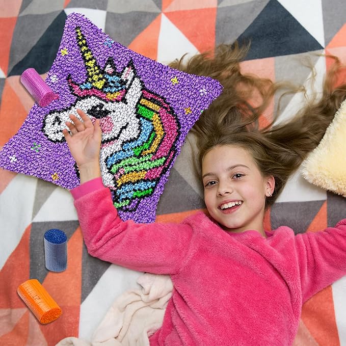 Unicorn Princess Latch Hook Kits for Adults Kids, Beginners DIY Throw Pillow Kit Pre-printed Pillowcase Hook and Latch Rug Kits Cross-stitch Cushion Cover for Home Sofa Decor Gift Idea 17x17 inch