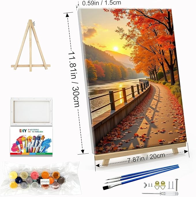 JOOZ Paint by Numbers Kit for Adults with Frame Fall Landscape Paint by Number with Easel Autumn Tree Adult Paint by Number Kits Framed Canvas Sunset Oil Painting Kits for Home Wall Decor 8x12 Inch
