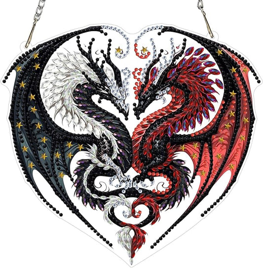 MXJSUA Two Dragons Diamond Painting Art Window Suncatchers, Diamond Art Kits for Adults Hanging Ornaments with Chain, 5D Special Shape Crystal Diamond Pendant Accessories for Decor Gift 8x8 Inch