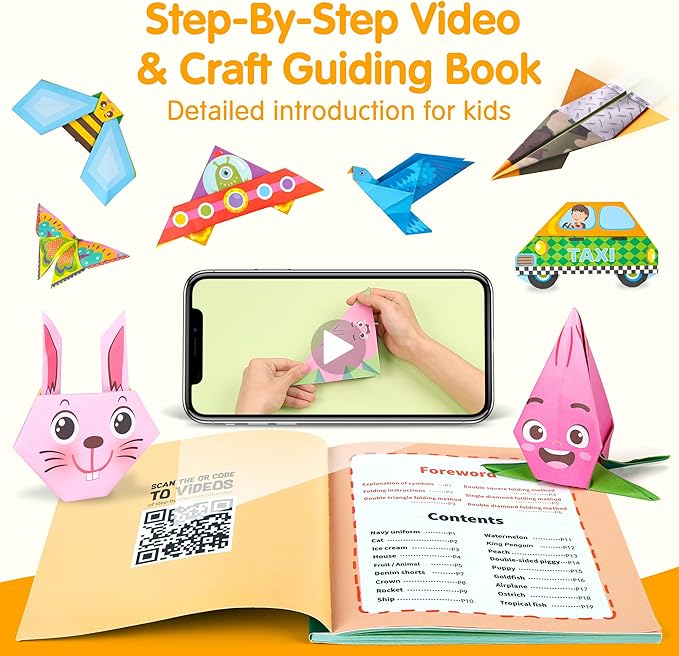 Mocoosy 224 Sheets Origami Paper Kit for Kids Ages 5-8 8-12, Folding Paper Set with Origami Book, Art Craft Supplies Boys Girls 9-12, Travel Game Car Road Trip Activities Easter Basket Stuffer Gifts
