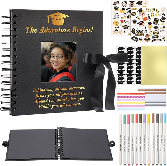 Fullhawl Graduation Scrapbook Kit 8 x 8 Inch Gold Black Grad Memory Book DIY Graduation Picture Album with Stickers and Markers for College High School Graduation Gifts Party Supplies, 40 Sheets