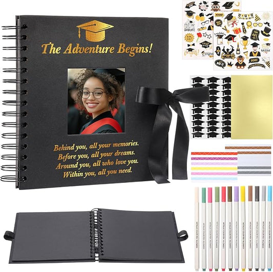 Fullhawl Graduation Scrapbook Kit 8 x 8 Inch Gold Black Grad Memory Book DIY Graduation Picture Album with Stickers and Markers for College High School Graduation Gifts Party Supplies, 40 Sheets