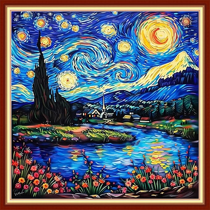 Redxing Stamped Cross Stitch Kits Embroidery kit for Beginners Adults Full Range of Embroidery Patterns Starter Kits DIY Printed Cross Stitch Kits Needlepoint Kits 11CT-Starry Night 18x18 inchs