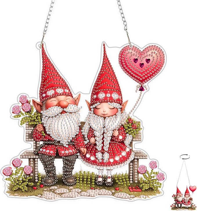 TOSTOG Diamond Art Hanging Kits for Adults, Gnome Couple Diamond Painting for Adults Window Pendant, Valentines Special Shape Diamonds Diamond Painting Hanging Pendant Kit for Home Decor Gift