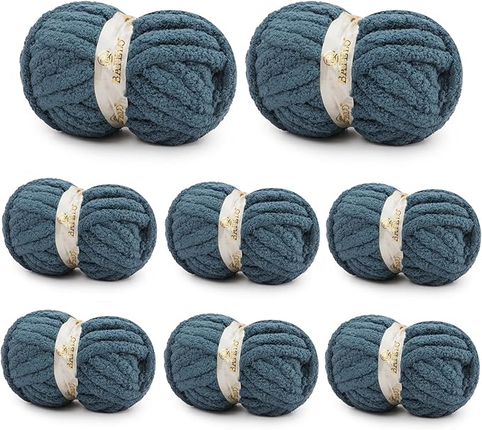 Chunky Yarn for Hand Knitting, Chunky Chenille Blanket Yarn for Crocheting, Bulky Soft Fluffy Chenille for Blanket Project, 8 Pack of 8oz/25yds, Denim Blue