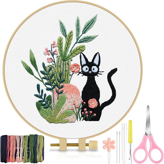 TINDTOP Embroidery Kit for Beginners Adult, Cat Embroidery Kit for Beginners Include Embroidery Cloth Hoops Threads for Craft Lover Hand Stitch with Embroidery Skill Techniques