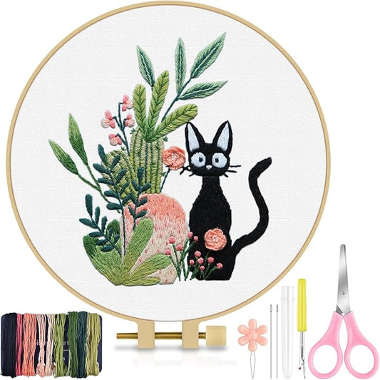 TINDTOP Embroidery Kit for Beginners Adult, Cat Embroidery Kit for Beginners Include Embroidery Cloth Hoops Threads for Craft Lover Hand Stitch with Embroidery Skill Techniques