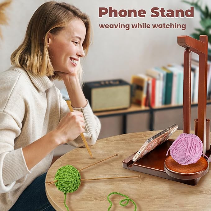 mehidfy wooden yarn holder for crocheting and knitting with magnetic spinner, crocket hook storage with phone stand, yarn ball holder for crochet lovers
