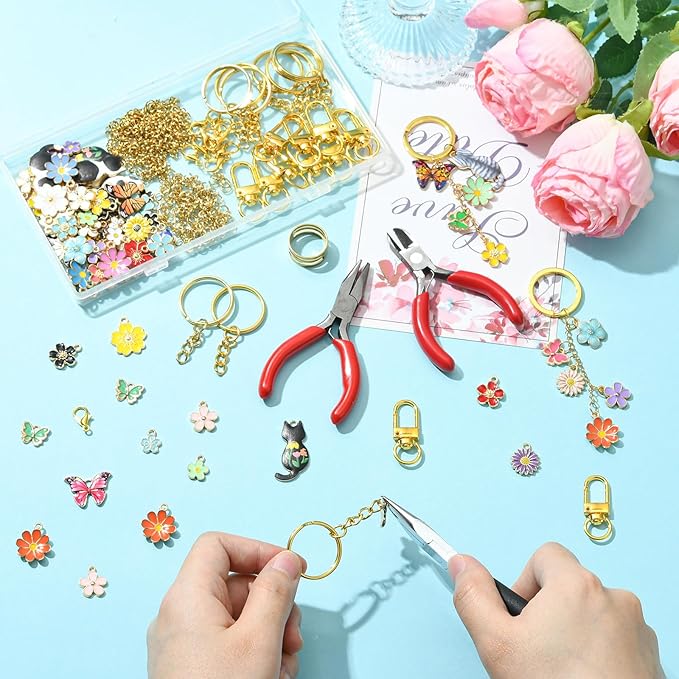Ornaland 288 Pcs Lip Gloss Keychain Making Kit Jewelry Plier Bracelet Necklace Lanyard Making Kit Include Chains Jump Rings Clasps Alloy Enamel Charms for DIY Craft（Mixed Color）