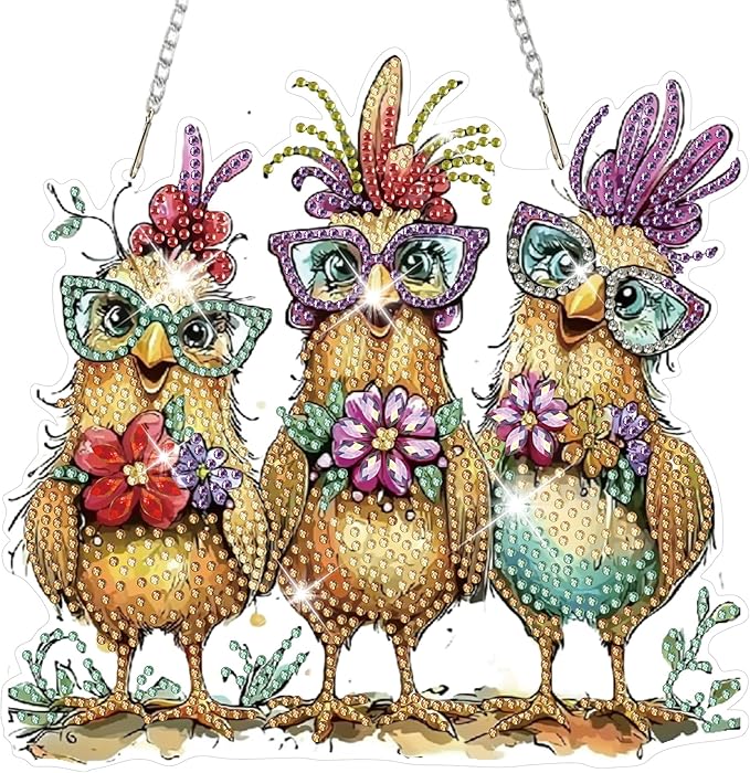 HEIBAGO Diamond Art Hanging Kits for Adults Kids, Hanging Diamond Art Chicken, 5D Special Shaped Crystal Diamond Painting Kit,DIY Pattern Window Pendant for Home Wall Decor 8.3x8.3Inch