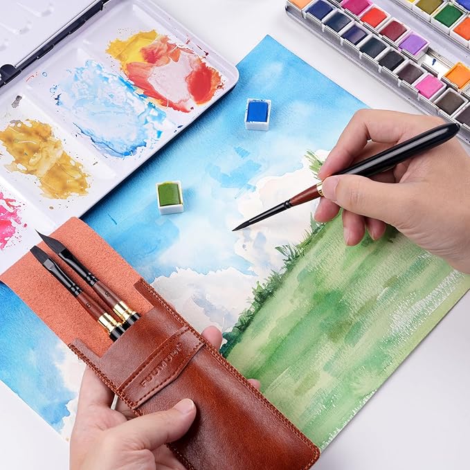 Dual Tip Travel Watercolor Brushes, Fuumuui 3pcs Synthetic Squirrel Hair Set of 6 Versatile Tips with Leather Pouch Perfect for Watercolor Gouache Ink Painting