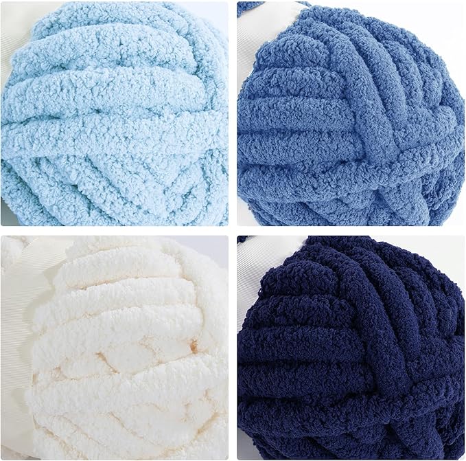 MABOZOO Assorted Chunky Yarn for Crocheting 8 Pack,Fluffy Jumbo Chenille Yarn,Soft Plush Yarn Bulky,Giant Thick Fuzzy Yarn for Hand or Arm Knitting,Cream & Multi Blue(31.7 yds,8 oz Each Skein)