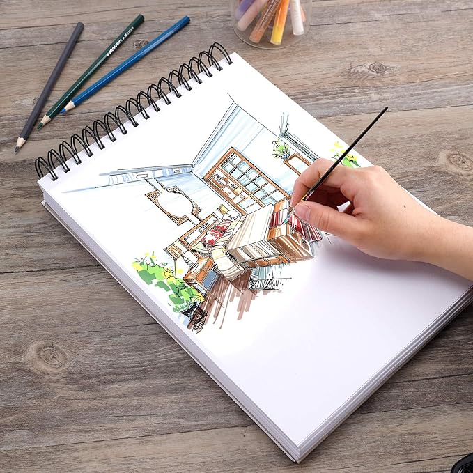 Bachmore Drawing Pad 5.5‘’X8.5''(98lb/160g) 100 Sheets Mixed Media, Watercolor, Acrylic Art Pad for Sketching, Ink Sketchbook, Coloring in Multi-Media Top Spiral Notebook, Micro-Perforated