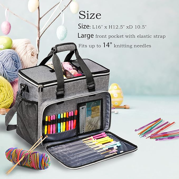 Knitting Bag, Large Yarn Storage Organizer, Crochet Bags and Totes, Yarn Bags for Crocheting, Yarn Holder Case for Knitting Needles, Crochet Hooks, Knitting Accessories, Unfinished Project, Grey.