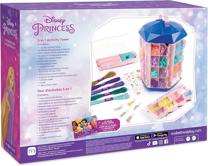 Disney Princess: 5-In-1 Activity Tower - 1600 Pieces Spinning Vertical Platform, Make It Real, 5 Removable Storage Trays, 5 Princess Charms, Various Types Of Beads, DIY Unique Jewelry Kit, Ages 8+