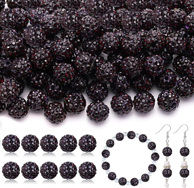 105pcs 10mm rhinestone beads for jewelry making, dark purple shiny round disco ball beads bulk, sparkle crystal clay christmas for bracelet baseball necklace earring crafting and diy
