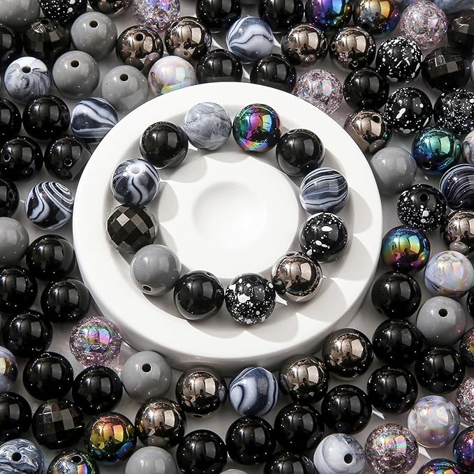 16mm Acrylic Bead 100pcs Black Focal Spacer Bead Chunk Bubblegum Beads for DIY Crafting Necklace Bracelet Jewelry Making Keychain (Black)