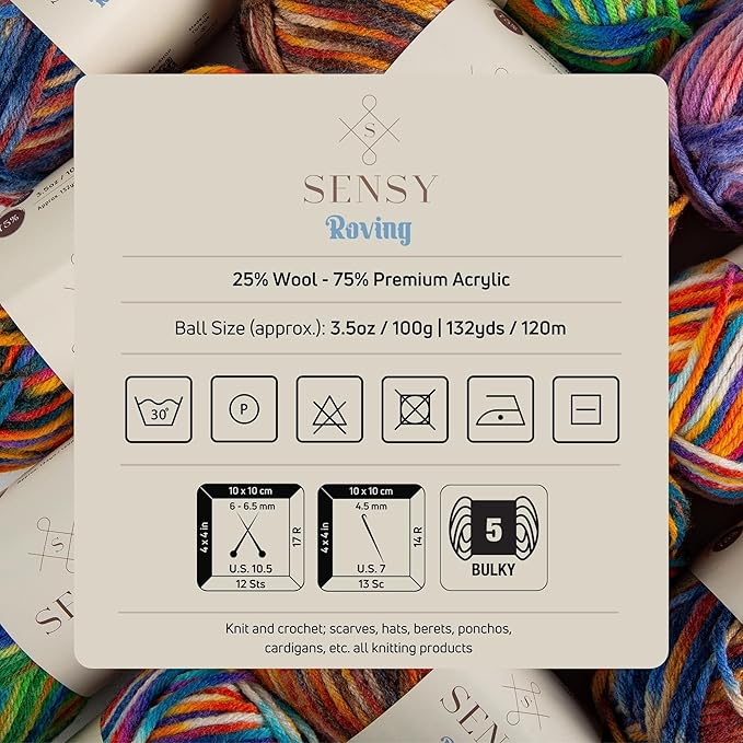 Sensy Roving Multi Color Yarn, 3.5 oz, 132 Yards, Gauge 5 Bulky (Autumn)
