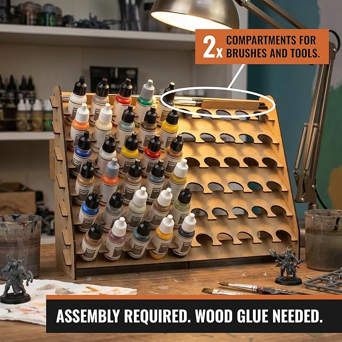 Wall Paint Rack Organizer for Miniatures & Modeling, Vertical Paint Stand with 26mm Dropper Holes + Top Brush/Tool Holder, Compatible with Vallejo, Army Painter, AK (26mm)