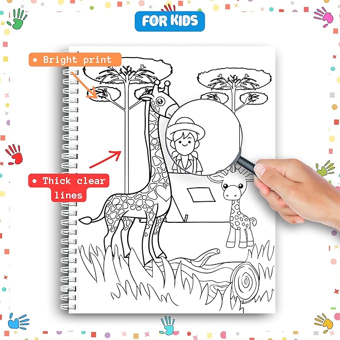 coloring pages, safari tour coloring book for kids – spiral bound, perfect for boys and girls. features lions, elephants, giraffes & more wild adventures! thick 199 gsm paper, sheet size 8.5x11 in.