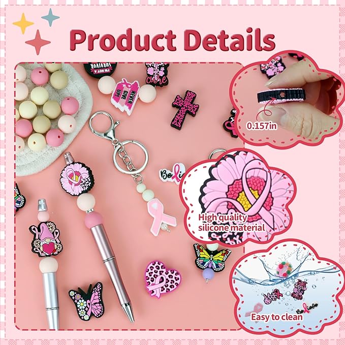 12PCS Breast Cancer Awareness Silicone Beads for Pens, 12Pcs Silicone Focal Beads for Keychain Making DIY Handicraft（Breast Cancer Awareness）