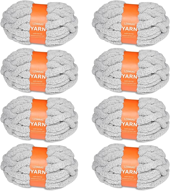 Chunky Yarn for Hand Knitting and Blankets – Super Soft Jumbo Chenille Yarn Pack for Crocheting, Bulky DIY Projects, 8 Skeins(Smoke Grey)