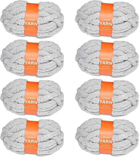 Chunky Yarn for Hand Knitting and Blankets – Super Soft Jumbo Chenille Yarn Pack for Crocheting, Bulky DIY Projects, 8 Skeins(Smoke Grey)