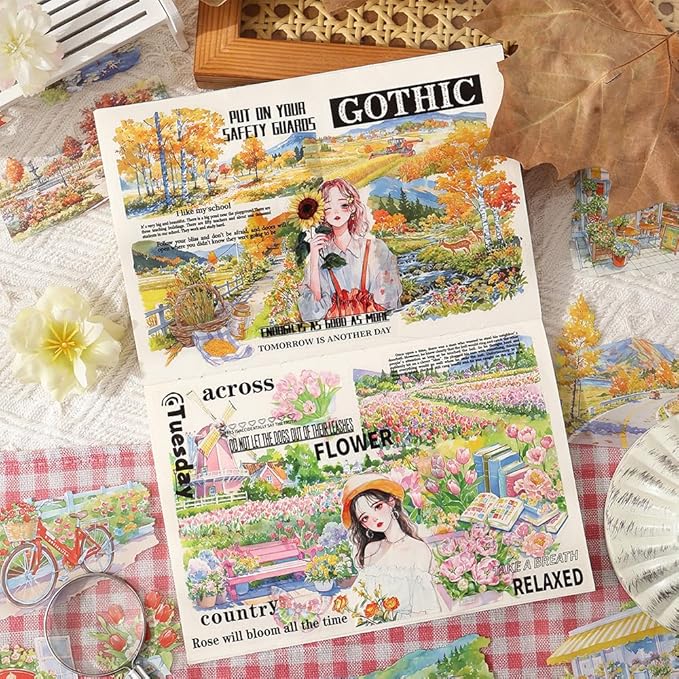Large Transparent PET Autumn Landscape Sticker Book for Journaling, 20 Sheets Pre-Cut Scenery Stickers for Scrapbooking Supplies, Collage Decorative, 9.25 x 6.58 inches