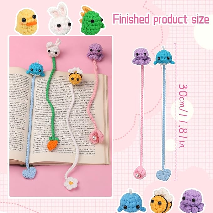 Kogyxe Crochet Kit for Beginners, Crochet Bookmark Kit with Step-by-Step Video Tutorials, Crochet Starter Kits for Beginners Decoration Readers Book Lovers, Animal Bookmarks (40%+ Yarn)
