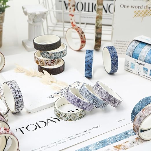 yubx flowers washi tape set 60 rolls leaves patterns decorative skinny snow masking tapes for arts, diy crafts, journals, planners, scrapbook, wrapping (winter)