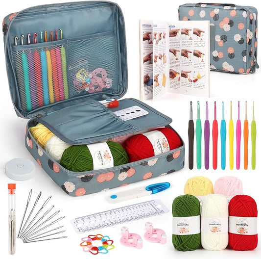 Aeelike Crochet Kit for Beginners with Yarn and Introduction Book, Crochet Starter Kit Everything Included, Learn to Crochet Kit with Ergonomic Soft Grip Crochet Hooks and Blue Flower Bag