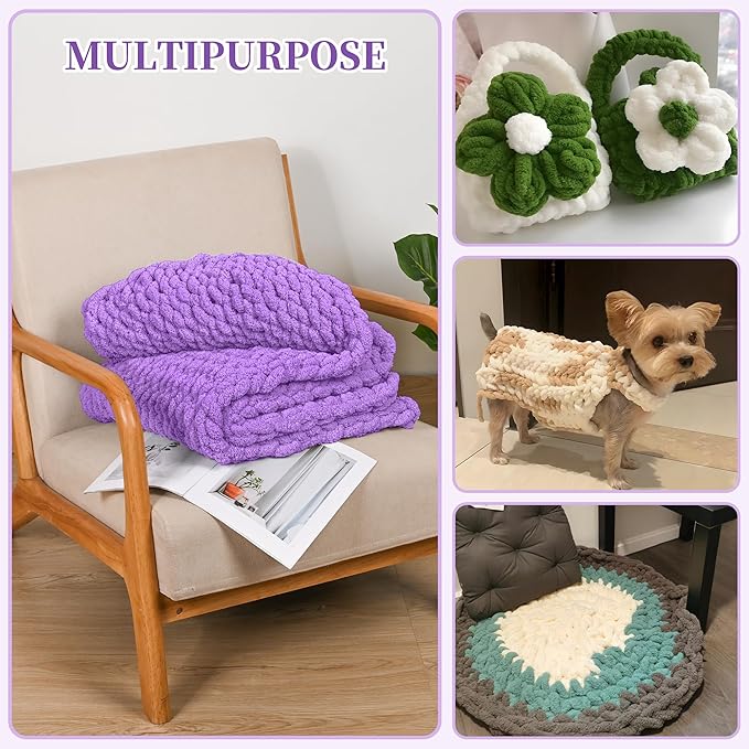 8 Packs Jumbo Chenille Chunky Yarn for Crocheting Knitting, Handcrafts & Blanket Yarn (Purple, 8 Pack)