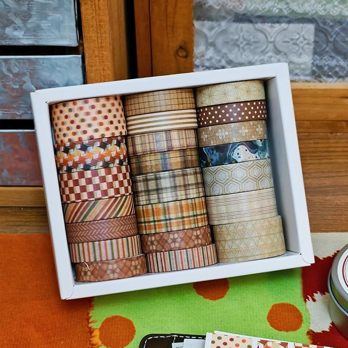 21 Rolls Vintage Brown Washi Tape Set - Checkered/Striped/Polka Dot Decorative Tape for Scrapbooking, Journaling, Junk Journal, Craft Supplies, Retro Aesthetic Gift for Handmade Lovers