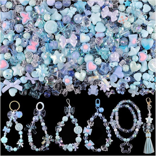 200-260pcs tinkrstuff assorted blue acrylic beads for bracelet making, cute beads for jewelry making flower bow butterfly candy gummybear aesthetic bracelet charms, diy necklace keychain phone charm