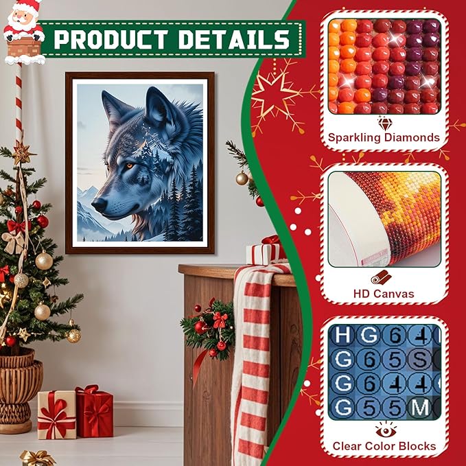 EMIEAUFG Christmas Diamond Art Kits for Adults, Christmas Wolf Diamond Paiting Kit for Beginners, 5D DIY Round Full Drill Craft Diamond Dot Gem Art, Home Wall Decor 12" x 16"