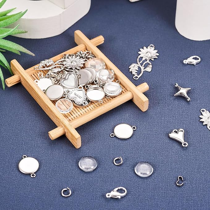FASHEWELRY 167Pcs Bracelet Bezel Trays Setting Stainless Steel Blank Flat Round Cabochon Settings Bezel Tray with Glass Cabochons Connector Charms for Jewelry Making