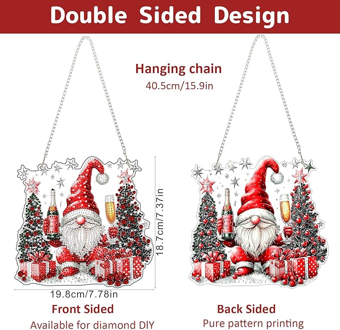 Genius maker Christmas Gnome Diamond Art Hanging Kits for Adults, Diamond Painting Pendant Kit, DIY Acrylic 5D Special Shaped Crystal Diamonds Gem Art Painting Ornament for Home Wall Decor Gift