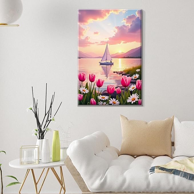 ATDMS Paint by Numbers Kit for Adults Flowers Paint by Number with Frame Sailboat Paint by Number with Easel Sunset Adults Paint by Number Kits Framed Canvas for Gift Home Wall Decor 8x12 Inch