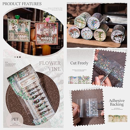 PET Tape Stickers for Journaling Supplies, 6Rolls of Vintage Vine Flower Themed Transparent Journal Stickers for Scrapbooking,Junk Journal Supplies,Planer (Bloom)