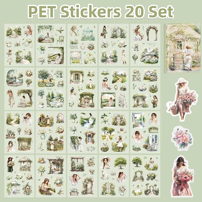 Uideyvi Spring Theme Sticker Scrapbooking Supplies for Junk Journal, 20 Sheets PET Stickers(TZ-001-008)