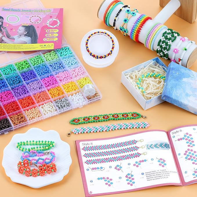 Funtopia 4mm Seed Beads for Jewelry Making, 39 Colors Uniform Small Beads for Bracelet Making Kit, 3900pcs Glass Seed Bead Kit with Instructions, Tiny Craft for DIY Art Jewelry Making