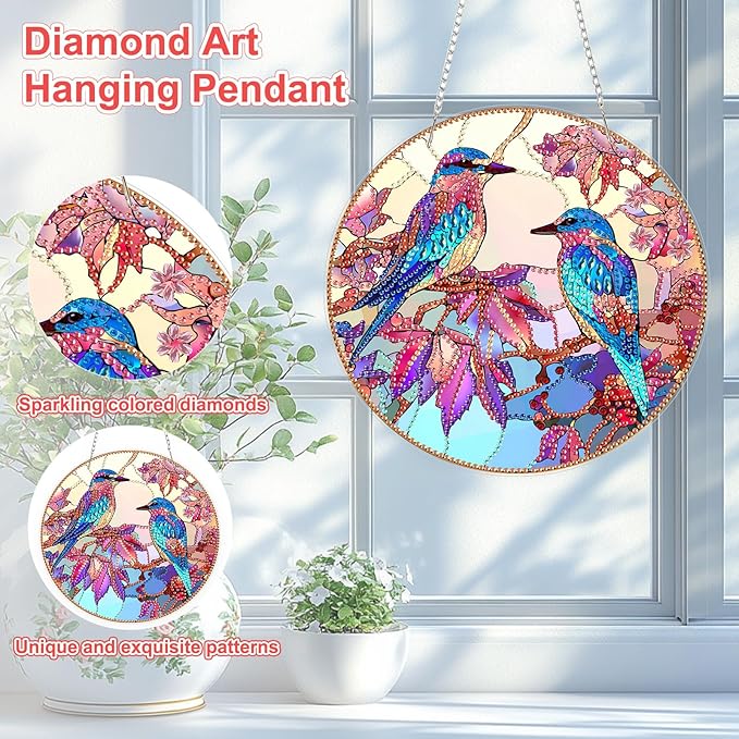 TOSTOG Diamond Art Hanging Kits for Adults, Colorful Bird Diamond Painting for Adults Window Pendant, Special Shape Diamonds Bird Diamond Painting Hanging Pendant Kit for Wall Decor Gift
