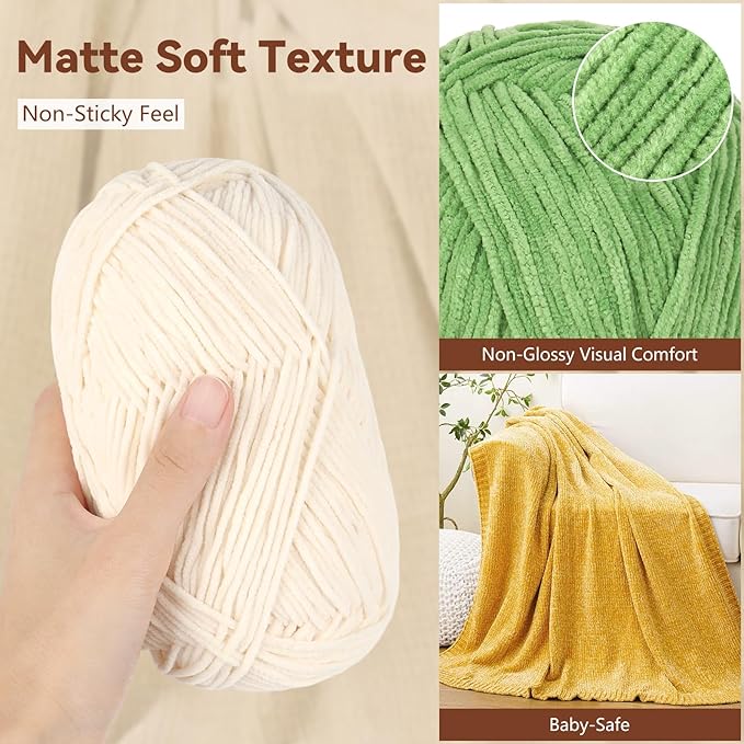 Skinny Chenille Yarn for Crocheting - 6 Pack of 50g/158yd (948yd Total) - Soft Matte Thin Chenille CYC #2 - Fine Weight Baby Yarn for Plush Toys, Baby Blankets & Small Crafts(Army Green)