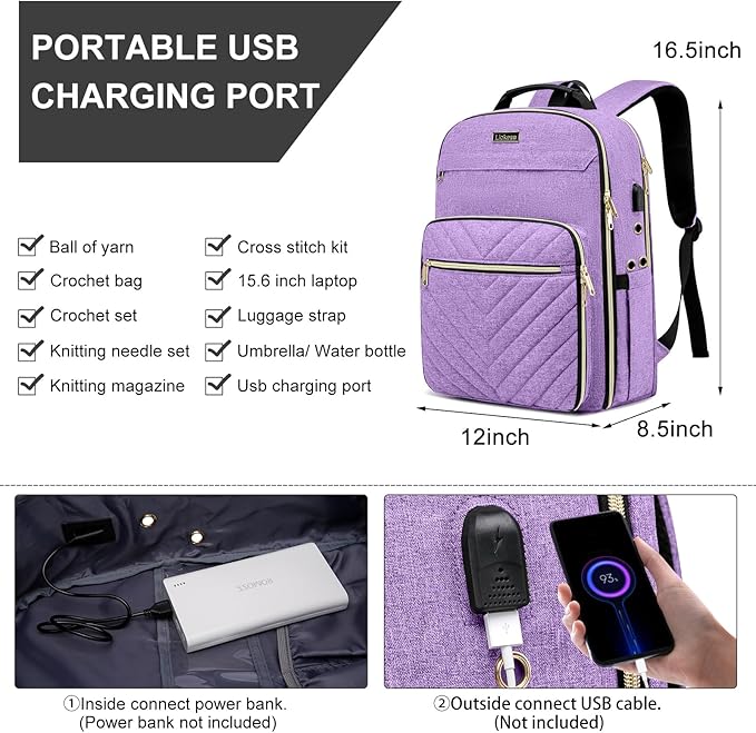 Liokesa Knitting Bag Backpack, Crochet Bag Tote, Large Yarn Storage Tote Bag with USB Charging Port, Yarn Holder Case for Carrying Projects, Knitting Needles, Yarn Supplies, Purple